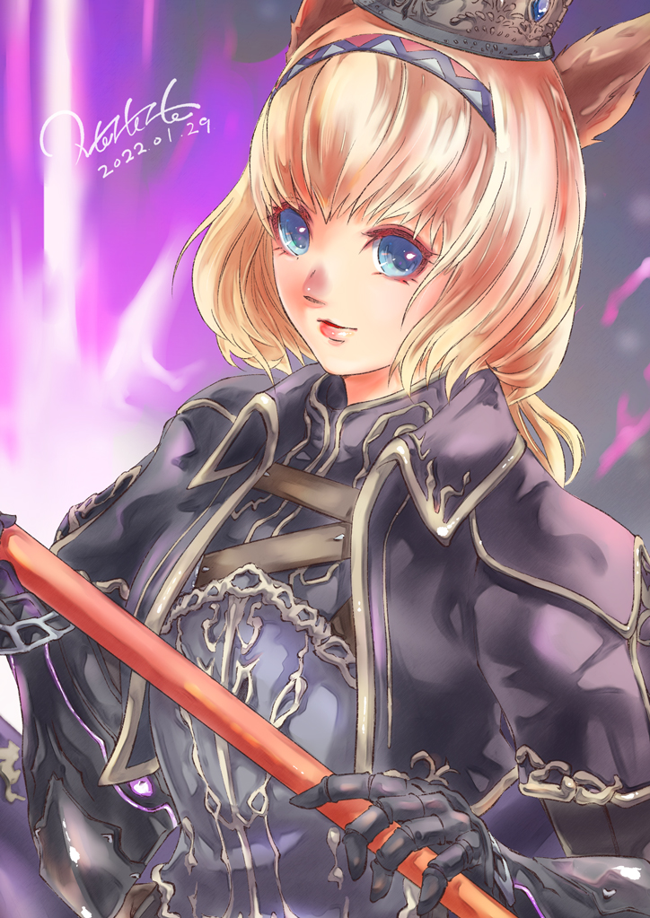 1girl 2022 adventurer_(ff11) animal_ears artist_name blonde_hair blue_eyes cat_ears cat_girl commission cropped_jacket crown dated final_fantasy final_fantasy_xi hairband jacket low_ponytail medium_hair mithra_(ff11) morere multicolored_hairband open_clothes open_jacket open_mouth pink_lips purple_hairband purple_jacket red_hairband short_sleeves signature skeb_commission solo white_hairband