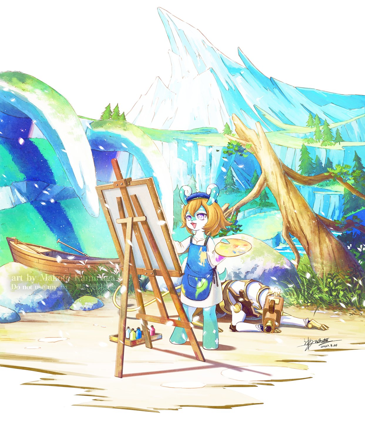 1girl :d apron artist_name bare_tree beach beret blue_apron blue_headwear boat brown_hair canvas_(object) cliff commentary_request dated day dress easel genshin_impact grass hair_between_eyes hat highres horns kaminaga_mutsumi long_sleeves mamere_(genshin_impact) melusine_(genshin_impact) moss mountain non-humanoid_robot oar open_mouth outdoors paint_on_clothes painting_(action) palette_(object) pocket ribs robot robot_animal rock sand scenery seymour_(genshin_impact) short_hair signature smile standing tree violet_eyes water watercraft watermark white_dress