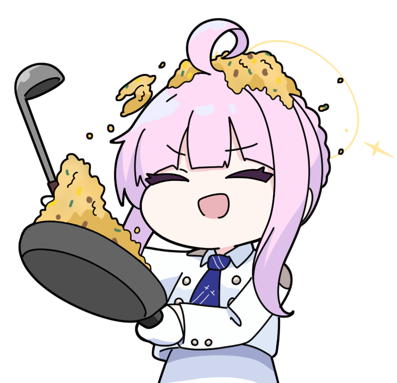 1girl :d ^_^ ahoge blue_archive blue_necktie chibi closed_eyes collared_shirt commentary_request food food_on_head fried_rice frying_pan halo holding kaya_(blue_archive) ladle long_hair necktie nyaru_(nyaru_4126) object_on_head pink_hair shirt sidelocks simple_background skirt smile solo v-shaped_eyebrows white_background white_shirt white_skirt