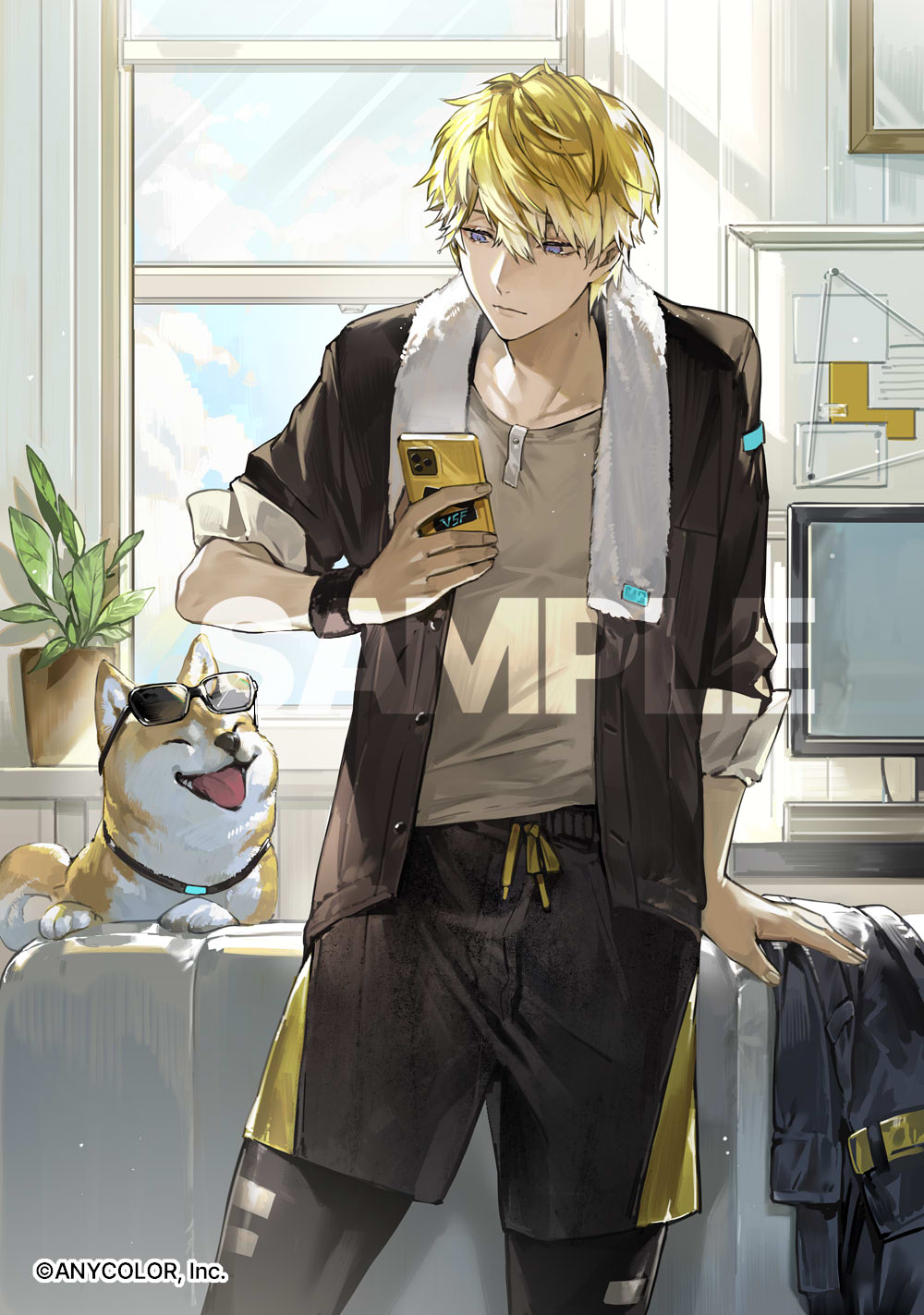 1boy black_jacket black_leggings black_shorts blonde_hair bokyo bulletin_board cellphone closed_mouth clouds computer copyright couch cowboy_shot day dog expressionless grey_shirt hair_between_eyes highres holding holding_phone indoors jacket jacket_removed leggings looking_at_phone male_focus mole mole_on_neck monitor nijisanji nijisanji_en official_art open_clothes open_jacket phone picture_frame plant potted_plant sample_watermark shiba_inu shirt short_hair shorts sleeves_rolled_up smartphone solo sonny_brisko standing string_chart sunglasses towel towel_around_neck violet_eyes virtual_youtuber window wristband