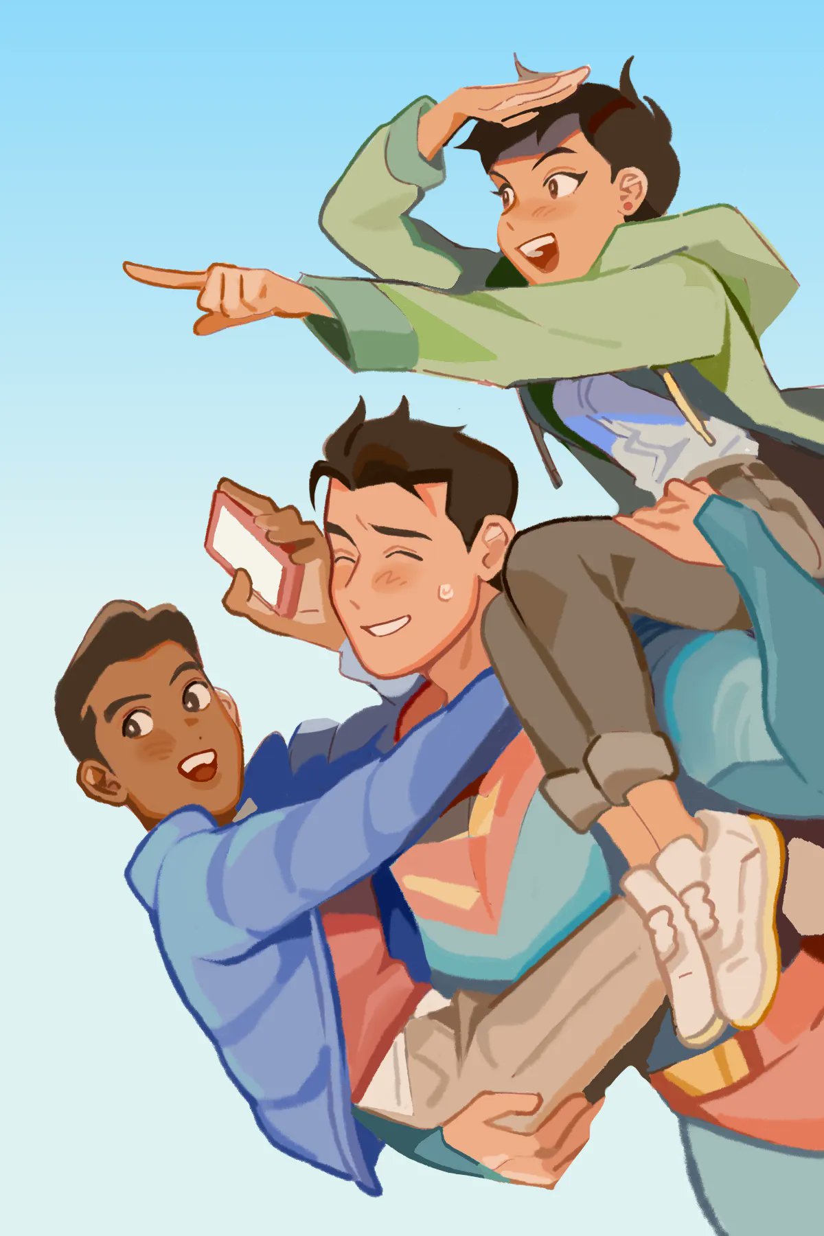 1girl 2boys ^_^ black_hair black_pants bodysuit brown_eyes carrying cellphone clark_kent closed_eyes coat dark-skinned_female dark-skinned_male dark_skin dc_comics earrings english_commentary highres hood jewelry jimmy_olsen lois_lane multiple_boys my_adventures_with_superman open_mouth pants pending_url phone pointing short_hair smartphone smile stud_earrings superhero superman superman_(series)