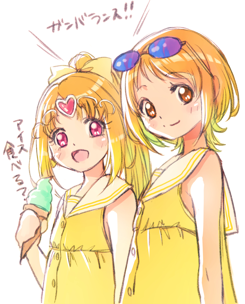 2girls :d alternate_hairstyle bow commentary_request cure_muse_(yellow) dress dual_persona eyelashes food hair_bow hair_ornament happy holding holding_food holding_ice_cream ice_cream jj_(ssspulse) long_hair looking_at_viewer magical_girl multiple_girls open_mouth orange_eyes orange_hair pink_eyes ponytail precure shirabe_ako short_hair simple_background sketch smile standing suite_precure sunglasses translation_request white_background yellow_bow yellow_dress