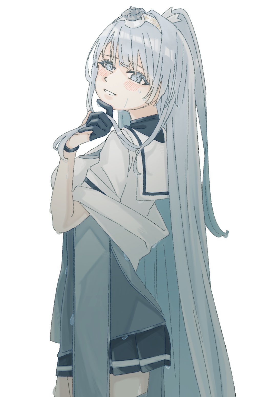1girl black_gloves black_skirt commentary_request commission corset cowboy_shot fuyutsuki_(kancolle) gloves grey_eyes grey_hair grey_shawl headband headgear highres kantai_collection long_hair looking_at_viewer looking_back one_side_up pleated_skirt sailor_collar school_uniform serafuku shawl simple_background skirt solo white_background white_headband white_sailor_collar yama_(yam0a)