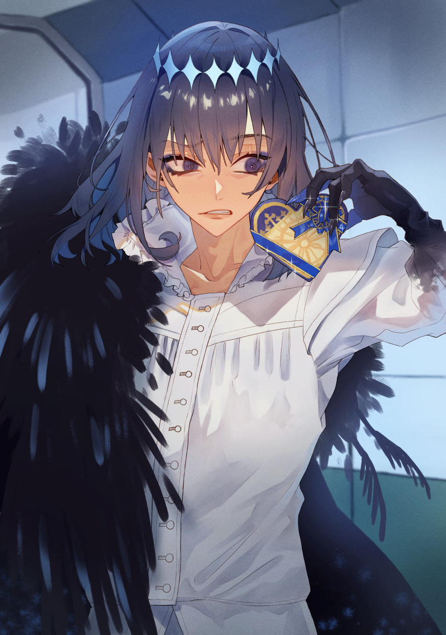 1boy blue_eyes claws collarbone collared_shirt diamond_hairband disgust dress_shirt eyelashes fate/grand_order fate_(series) feather-trimmed_cape frilled_shirt_collar frills gift grey_eyes grimace hair_between_eyes highres holding holding_gift indoors kujiraoka long_hair male_focus medium_hair oberon_(fate) oberon_(third_ascension)_(fate) pants shirt white_pants white_shirt