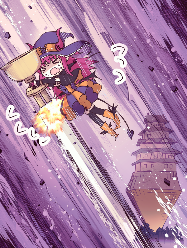 &gt;_&lt; 1girl architecture boots capelet castle east_asian_architecture elizabeth_bathory_(fate) elizabeth_bathory_(halloween_caster)_(fate) fate/grand_order fate_(series) hat holy_grail_(fate) horns long_hair minafuni purple_background purple_hair pyramid_(structure) speed_lines tail two-tone_dress witch_hat