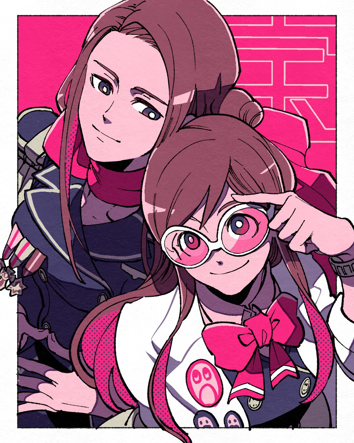2girls ace_attorney adjusting_eyewear badge black_vest border bow bowtie brown_hair button_badge buttons closed_mouth coat colored_inner_hair double-breasted ema_skye grey_eyes hair_bun hand_on_eyewear highres lana_skye lapels long_hair looking_at_another medal multicolored_hair multiple_girls outside_border pink-tinted_eyewear pink_background pink_bow pink_bowtie pink_hair pink_scarf scarf shino_(shino_dgs) siblings sidelocks simple_background sisters sleeves_rolled_up smile swept_bangs tinted_eyewear two-tone_hair vest watch watch white-framed_eyewear white_border white_coat