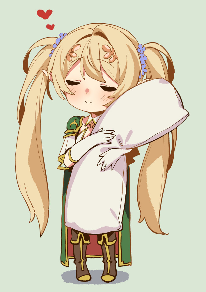 1girl blonde_hair body_pillow boots cape chibi closed_eyes detached_collar elf full_body gloves green_cape hair_ornament heart holding holding_pillow kink_(tortoiseshell) long_hair original pillow pointy_ears simple_background smile solo towako_(akane_shinsha) twintails very_long_hair white_gloves