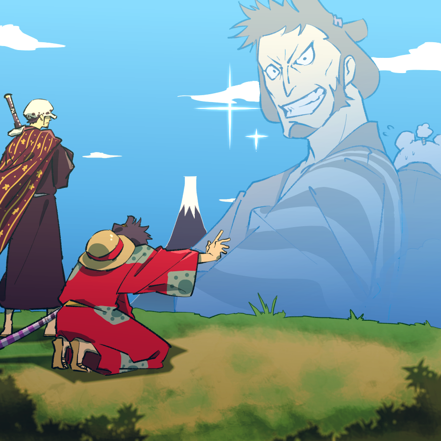 3boys black_hair closed_mouth clouds cloudy_sky day facial_hair fur_hat goatee grin hat hat_removed headwear_removed katana kinemon kneeling male_focus monkey_d._luffy mountain multiple_boys obobkkp one_piece outdoors sandals short_hair sideburns sky smile standing straw_hat sword teeth topknot trafalgar_law weapon