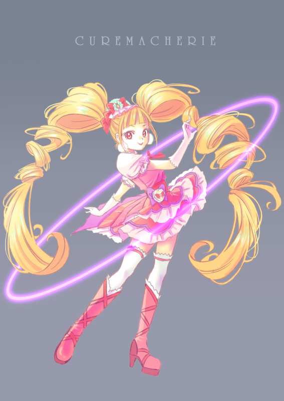 1girl aisaki_emiru blonde_hair boots character_name cure_macherie dancing dress earrings eyelashes grey_background hair_ornament happy high_heel_boots high_heels hugtto!_precure jewelry jj_(ssspulse) long_hair looking_at_viewer magical_girl pink_dress pink_eyes pink_footwear pom_pom_(clothes) pom_pom_earrings precure simple_background smile solo standing thigh-highs thighs twintails very_long_hair