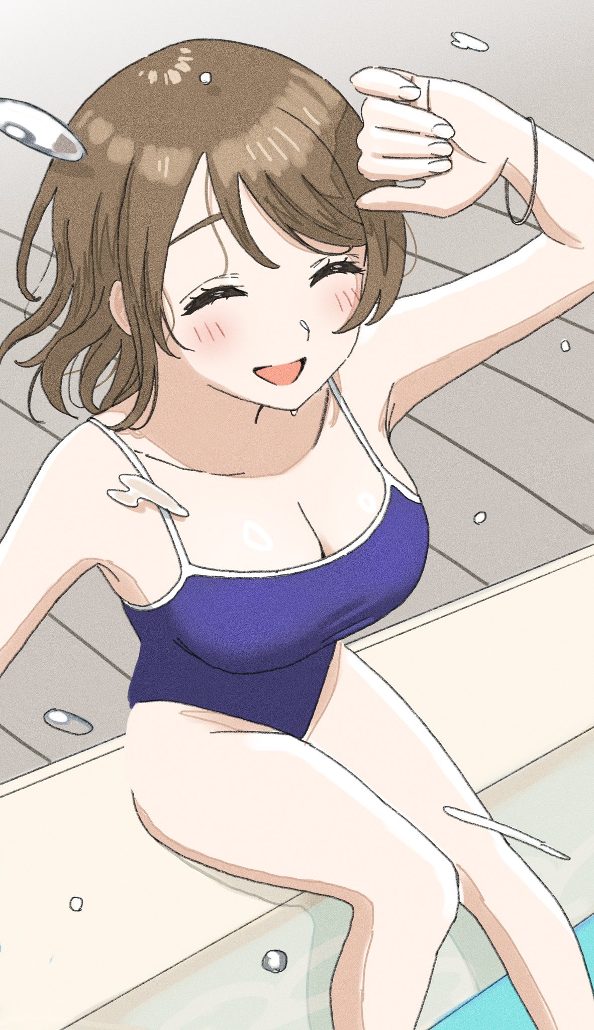 blue_eyes blush breasts brown_hair dunchy highres legs love_live! love_live!_sunshine!! one-piece_swimsuit pool school_swimsuit short_hair smile solo swimsuit thighs watanabe_you wavy_hair