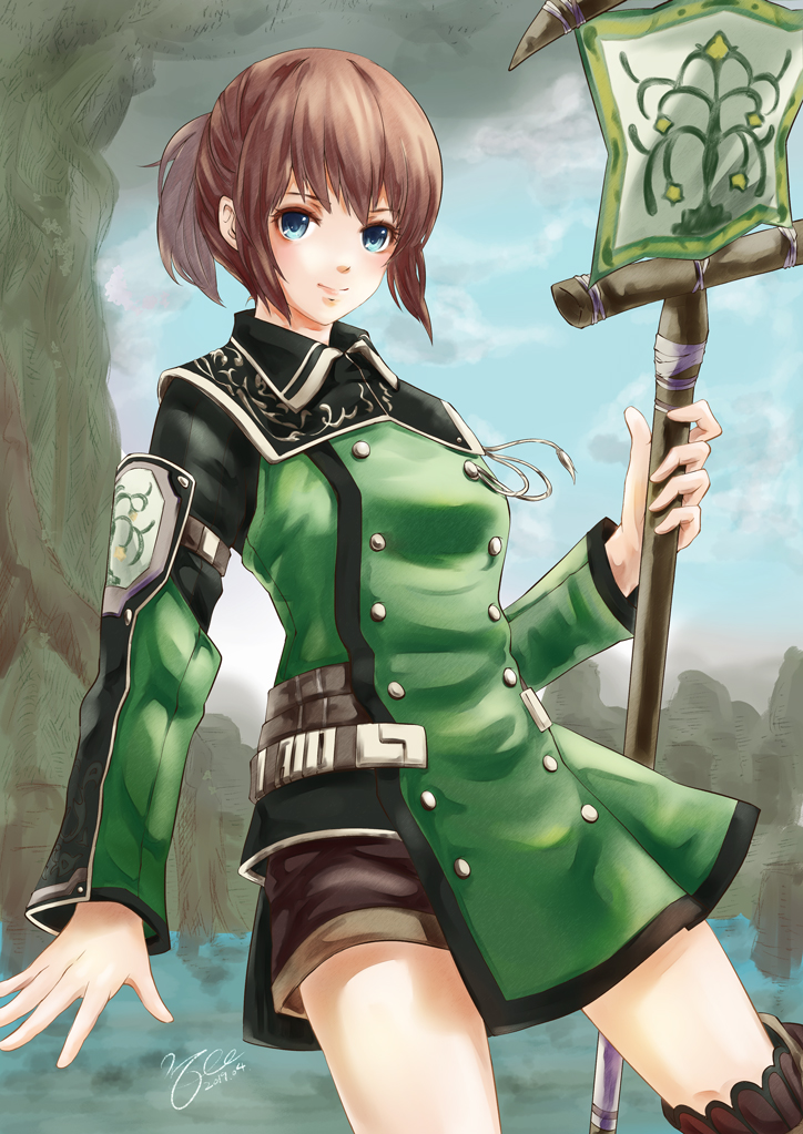 1girl 2019 adventurer_(ff11) artist_name banner blue_eyes brown_hair brown_shorts buttons closed_mouth dated final_fantasy final_fantasy_xi holding hume in-universe_location long_sleeves morere pink_lips ponytail short_hair shorts signature smile solo tree windurst