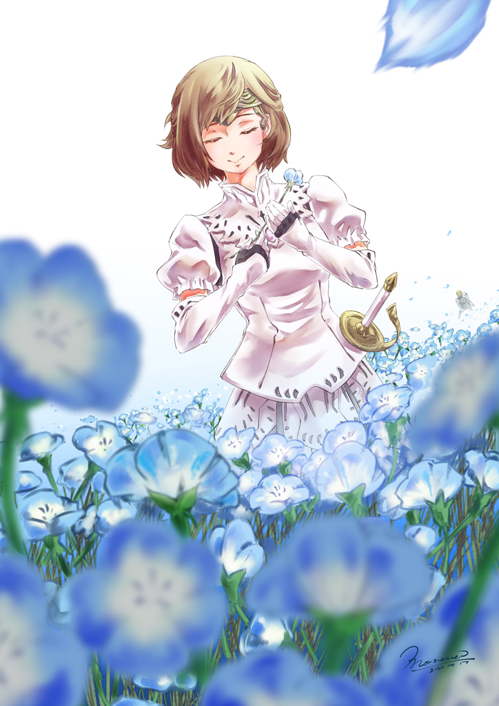 1boy 1girl 2020 artist_name blue_flower brown_hair closed_eyes closed_mouth dated final_fantasy final_fantasy_xi flower hands_up holding holding_flower hume kilhwch_(ff11) morere puffy_short_sleeves puffy_sleeves short_hair short_sleeves signature smile solo_focus sword ulla_(ff11) weapon