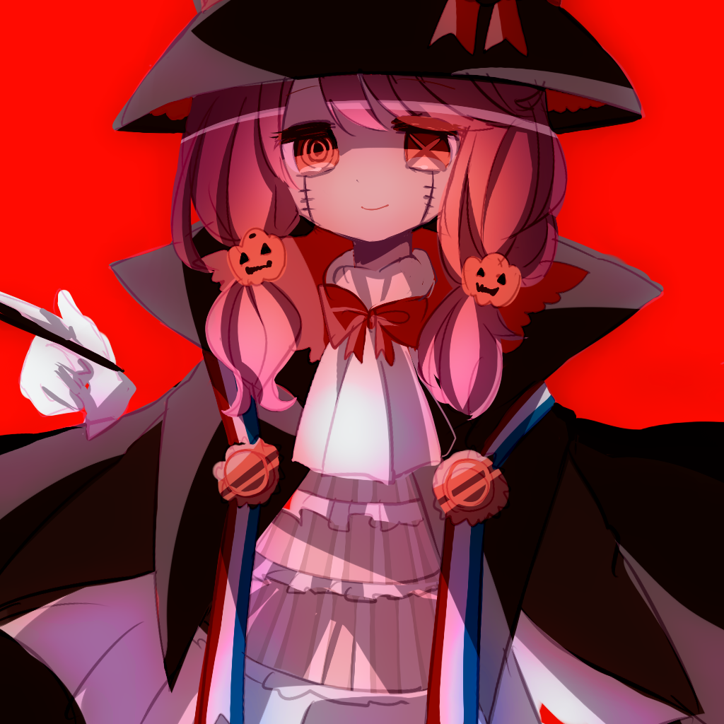 1girl black_cape black_headwear cape character_request closed_mouth commentary_request hair_ornament hat jack-o'-lantern jack-o'-lantern_hair_ornament kirby_(series) multicolored_hair neck_ribbon orange_eyes orange_hair personification pink_hair red_background red_ribbon ribbon ringed_eyes simple_background sketch smile solo stitches symbol-shaped_pupils usagi_nui x-shaped_pupils