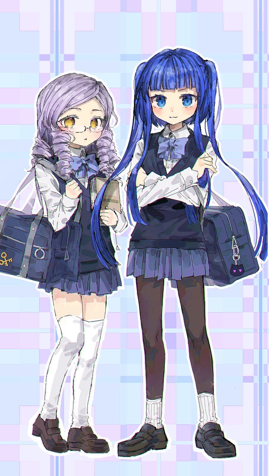 2girls :3 bag blue_bow blue_bowtie blue_eyes blue_hair blue_skirt blue_sweater_vest blunt_bangs book bow bowtie collared_shirt colored_eyelashes commentary_request crossed_arms dlanor_a._knox drill_hair full_body furudo_erika ghkdakrh1129 glasses highres holding holding_book holding_strap korean_commentary light_blush light_purple_hair loafers long_hair long_sleeves looking_at_viewer medium_hair multiple_girls outline pantyhose parted_lips pleated_skirt quad_drills school_bag school_uniform semi-rimless_eyewear shirt shoes shoulder_bag side-by-side sidelocks skirt socks sweater_vest swept_bangs thigh-highs two_side_up umineko_no_naku_koro_ni under-rim_eyewear very_long_hair white_outline white_shirt white_thighhighs yellow_eyes zettai_ryouiki