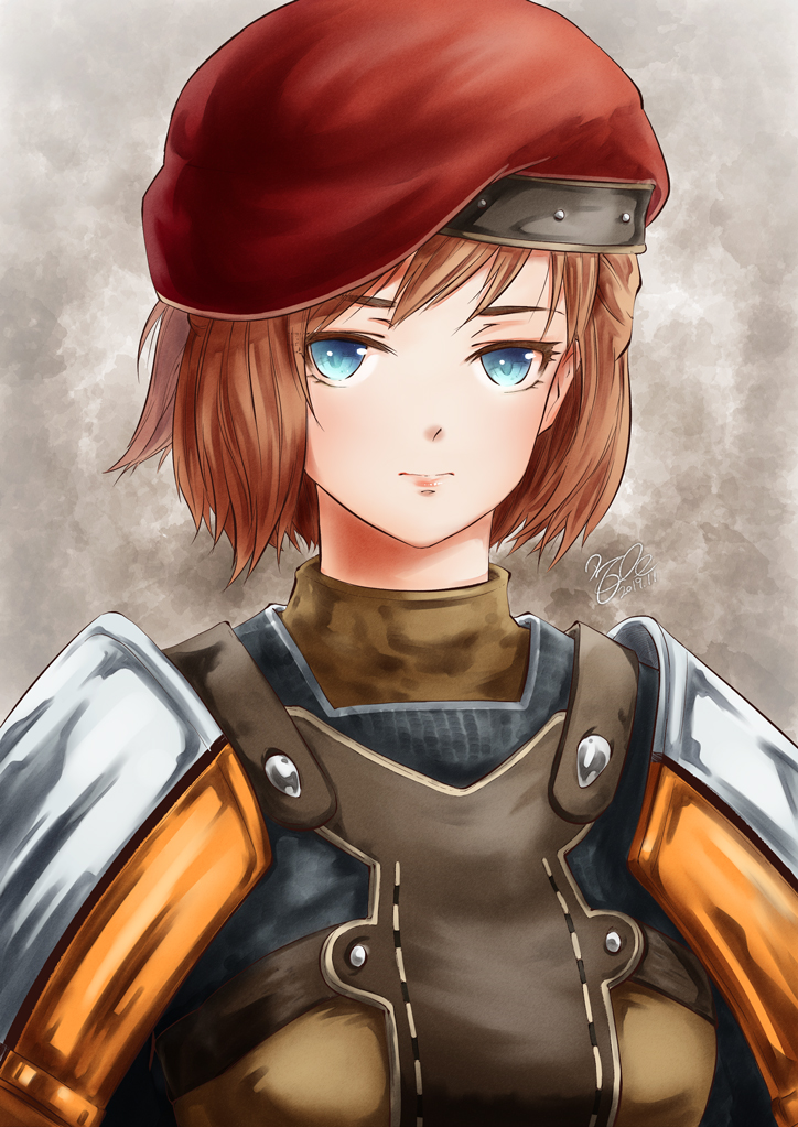 1girl 2019 adventurer_(ff11) beret blue_eyes brown_hair closed_mouth dated eyes_visible_through_hair final_fantasy final_fantasy_xi hat hume morere pink_lips red_headwear short_hair signature solo upper_body