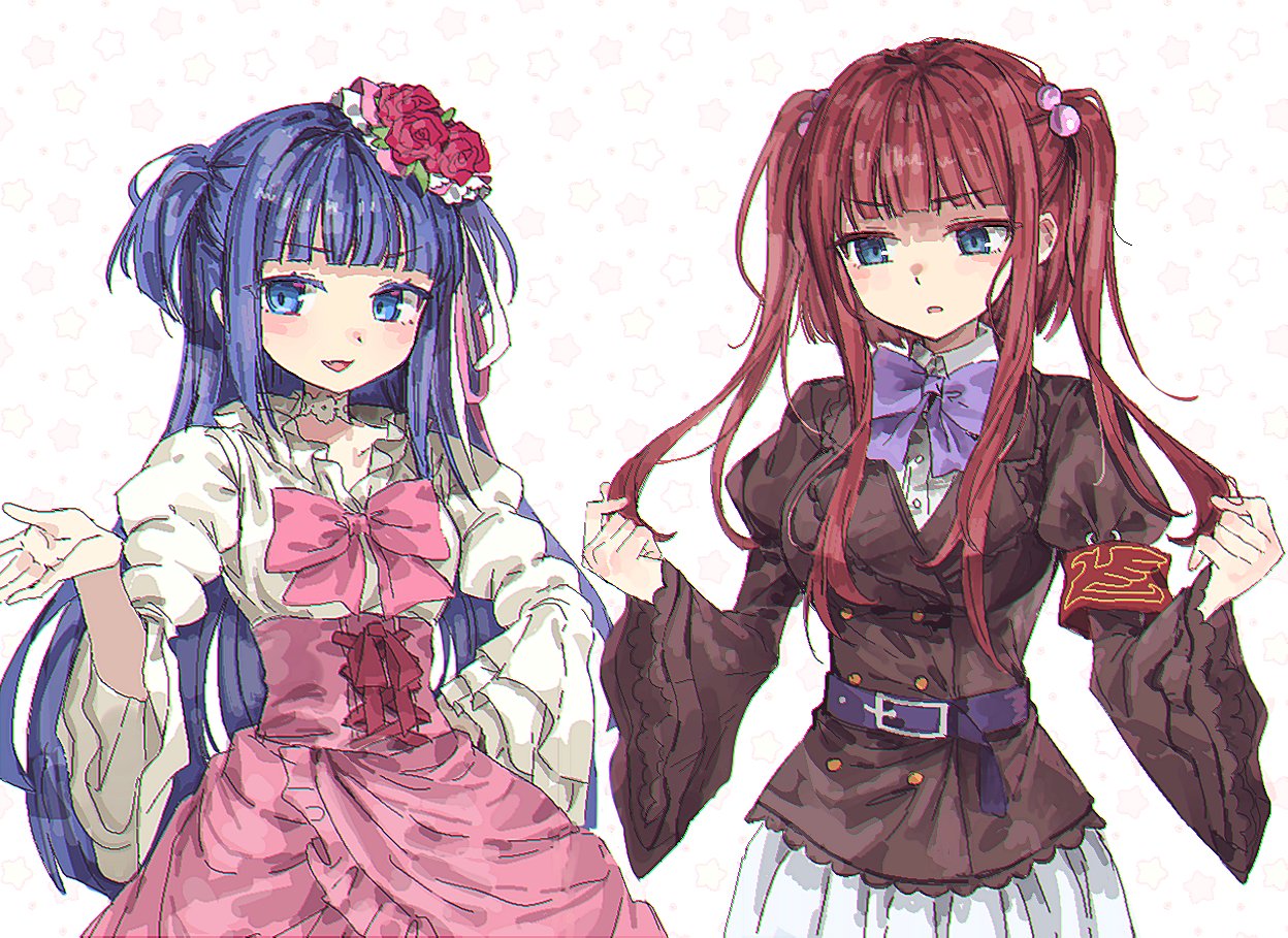2girls alternate_hairstyle armband belt blue_eyes blue_hair blunt_bangs bow bowtie brown_jacket choker colored_eyelashes cowboy_shot cross-laced_clothes cross-laced_skirt eyes_visible_through_hair fang flower frilled_skirt frilled_sleeves frills furudo_erika ghkdakrh1129 hair_bobbles hair_flower hair_ornament hair_ribbon hair_twirling hairstyle_switch hand_on_own_hip jacket lace lace_choker light_blush long_hair looking_at_hand looking_to_the_side multiple_girls open_hand open_mouth parted_lips pink_bow pink_bowtie pink_ribbon pink_skirt puffy_sleeves purple_belt purple_bow purple_bowtie red_flower red_rose redhead ribbon rose shirt side-by-side sidelocks skirt starry_background two_side_up umineko_no_naku_koro_ni ushiromiya_ange very_long_hair white_background white_ribbon white_shirt white_skirt wide_sleeves