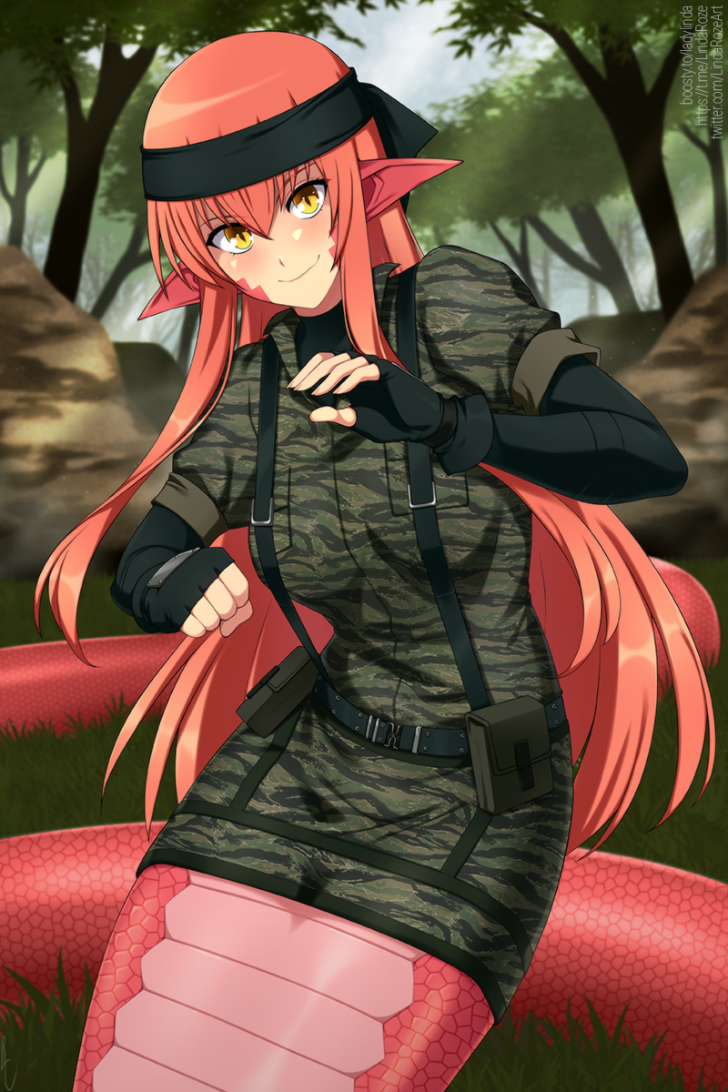 1girl black_bodysuit black_gloves black_headband bodysuit breasts camouflage_dress closed_mouth cosplay english_commentary fingerless_gloves forest gloves hair_between_eyes harness headband highres lamia large_breasts lindaroze long_hair looking_at_viewer metal_gear_(series) metal_gear_solid miia_(monster_musume) monster_girl monster_musume_no_iru_nichijou nature outdoors pointy_ears pouch red_scales redhead scales short_sleeves sidelocks slit_pupils smile solid_snake solid_snake_(cosplay) solo tail very_long_hair web_address yellow_eyes