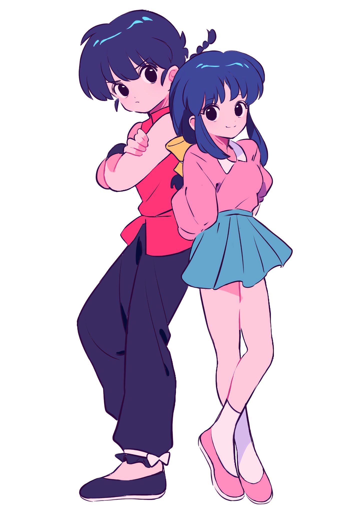 1boy 1girl back-to-back black_footwear black_pants black_wristband blue_hair blue_skirt bow braid braided_ponytail chinese_clothes crossed_arms crossed_legs derivative_work from_side full_body hair_bow highres looking_at_viewer low_ponytail pants pink_footwear pleated_skirt ranma_1/2 red_shirt sanamaru_(sana79261827) saotome_ranma shirt sidelocks single_braid skirt sleeveless sleeveless_shirt smile socks tangzhuang tendou_akane white_background white_socks yellow_bow