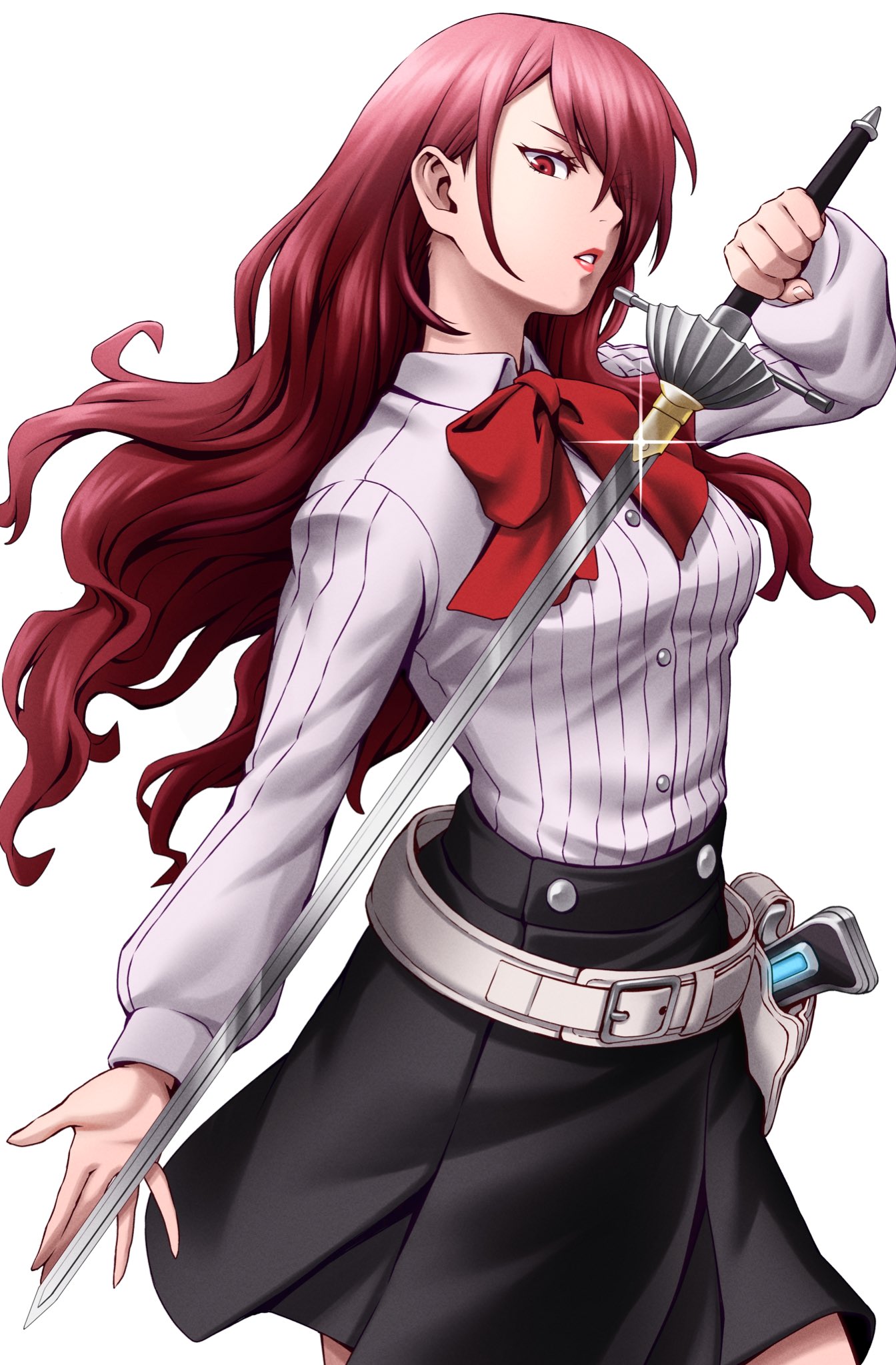 1girl belt black_skirt bow bowtie buttons floating_hair gekkoukan_high_school_uniform hair_over_one_eye highres holding holding_sword holding_weapon kirijou_mitsuru lips long_hair long_sleeves looking_at_viewer masatoshi_1219 one_eye_covered parted_lips persona persona_3 pink_lips red_bow red_bowtie red_eyes redhead school_uniform shirt simple_background skirt solo sword uniform very_long_hair weapon white_background white_belt white_shirt