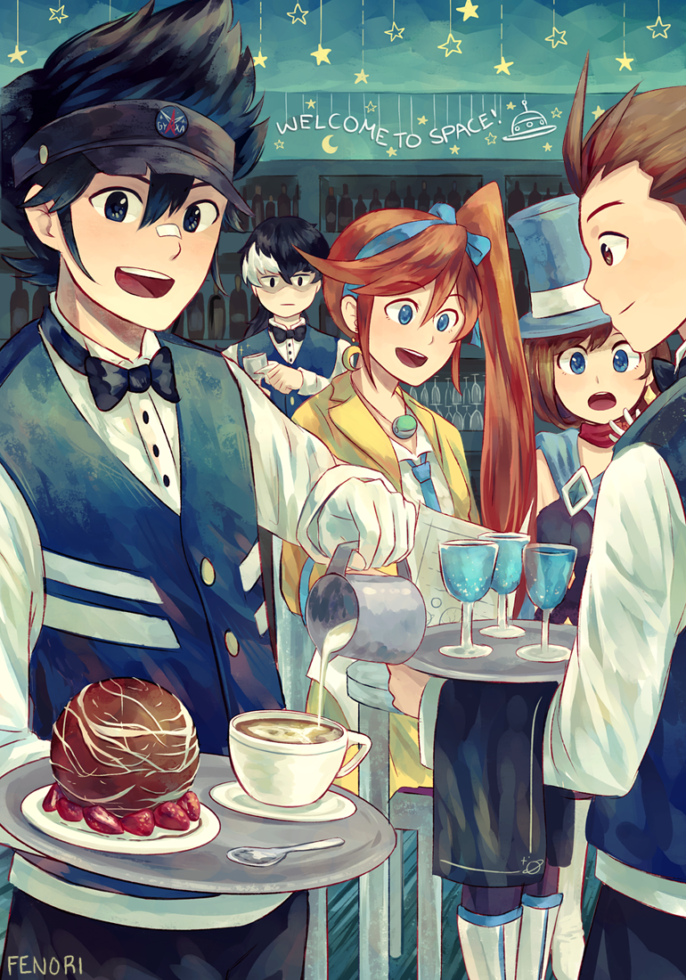 2girls 3boys :d :o ace_attorney antenna_hair apollo_justice artist_name athena_cykes black_bow black_bowtie black_dress black_hair black_pants blue_cape blue_eyes blue_hairband blue_headwear blue_necktie blue_vest boots bow bowtie brooch brown_eyes brown_hair buttons cafe cape clay_terran collared_shirt crescent crescent_earrings cup diamond-shaped_brooch diamond_earrings dress earrings english_text expressionless fenori gloves hair_between_eyes hairband hat indoors jacket jewelry lapels long_hair long_sleeves looking_at_viewer multicolored_hair multiple_boys multiple_girls necklace necktie orange_hair pants red_scarf scarf shirt short_hair side_ponytail sidelocks simon_blackquill sitting skirt smile spiky_hair star_(symbol) swept_bangs top_hat traditional_bowtie tray trucy_wright two-tone_hair ufo very_long_hair vest visor_cap waiter white_gloves white_hair white_shirt yellow_jacket yellow_skirt