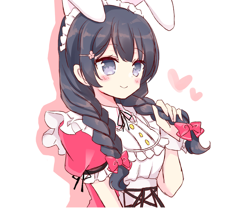 1girl animal_ears black_hair blush bow braid breasts closed_mouth drop_shadow flower grey_eyes hair_bow hair_flower hair_ornament hairclip hand_up heart holding holding_hair long_hair low_twintails maid_headdress medium_breasts nijisanji pink_flower pink_shirt puffy_short_sleeves puffy_sleeves rabbit_ears red_bow shikito shirt short_sleeves simple_background smile solo tsukino_mito twin_braids twintails upper_body virtual_youtuber white_background wrist_cuffs