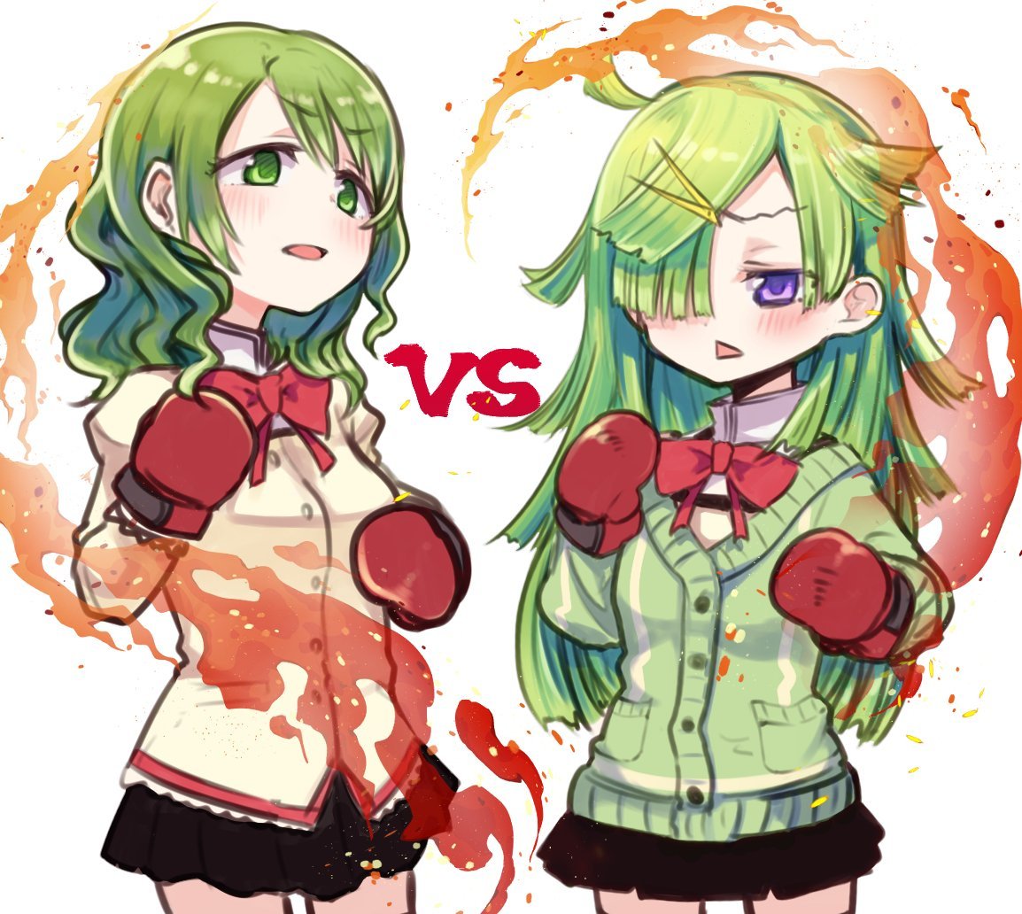 2girls aki_mabayu black_skirt blush bow bowtie boxing_gloves cardigan collared_shirt commentary_request cowboy_shot damenano104 green_cardigan green_eyes green_hair hair_over_one_eye hands_up juliet_sleeves long_hair long_sleeves looking_at_another magia_record:_mahou_shoujo_madoka_magica_gaiden mahou_shoujo_madoka_magica miniskirt mitakihara_school_uniform multiple_girls open_mouth pleated_skirt puffy_sleeves red_bow red_bowtie school_uniform shirt shizuki_hitomi skirt standing sweater triangle_mouth violet_eyes vs white_shirt yellow_sweater