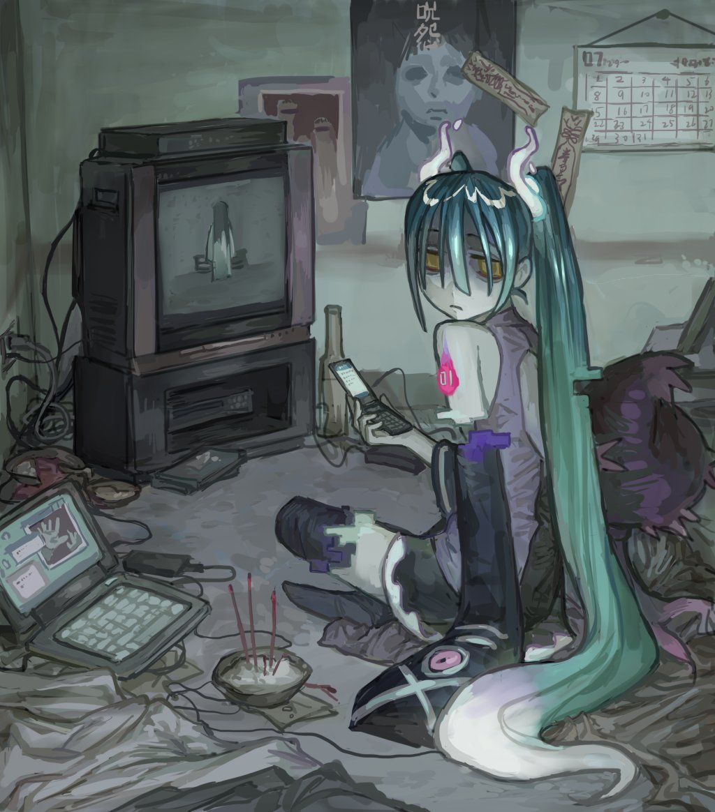 1girl arm_support bags_under_eyes bare_shoulders black_skirt black_thighhighs blue_hair bottle bowl calendar_(object) cellphone closed_mouth computer detached_sleeves dvd_player flip_phone frown full_body ghost_miku_(project_voltage) glitch gradient_hair green_hair grey_shirt hair_between_eyes hatsune_miku holding holding_phone indoors laptop long_hair looking_at_viewer looking_back messy_room mismagius multicolored_hair muted_color ofuda on_floor pale_skin phone pokemon pokemon_(creature) poster_(object) project_voltage shirt sitting skirt sleeves_past_fingers sleeves_past_wrists solo television the_ring thigh-highs twintails very_long_hair vocaloid will-o'-the-wisp_(mythology) wuwuren yamamura_sadako yellow_eyes
