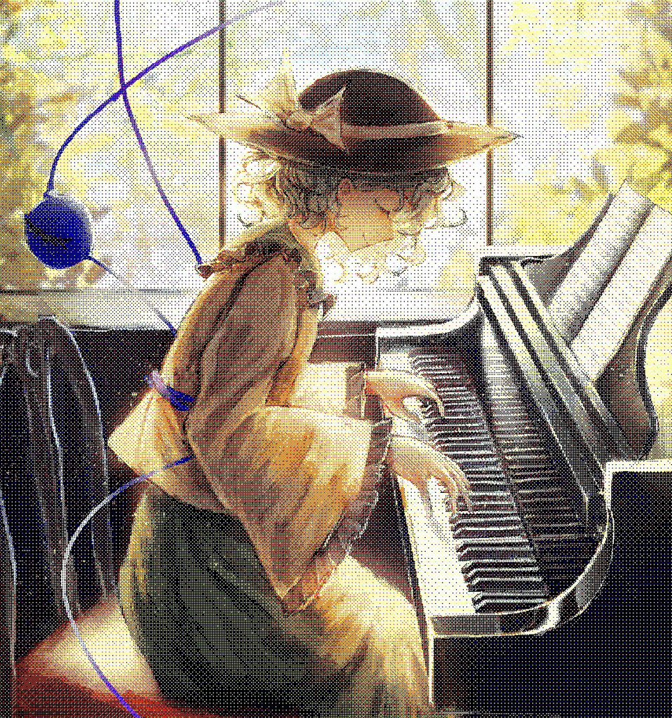 1girl black_headwear blue_hair bow chair close-up closed_eyes closed_mouth collar collared_shirt frilled_shirt_collar frilled_sleeves frills from_side green_collar green_skirt hat hat_bow heart heart_of_string indoors instrument komeiji_koishi long_sleeves music piano playing_instrument playing_piano sheet_music shirt short_hair sitting skirt smile solo sunlight third_eye tonan_(l0l0l0l0l0l) touhou tree wavy_hair wide_sleeves window yellow_bow yellow_shirt