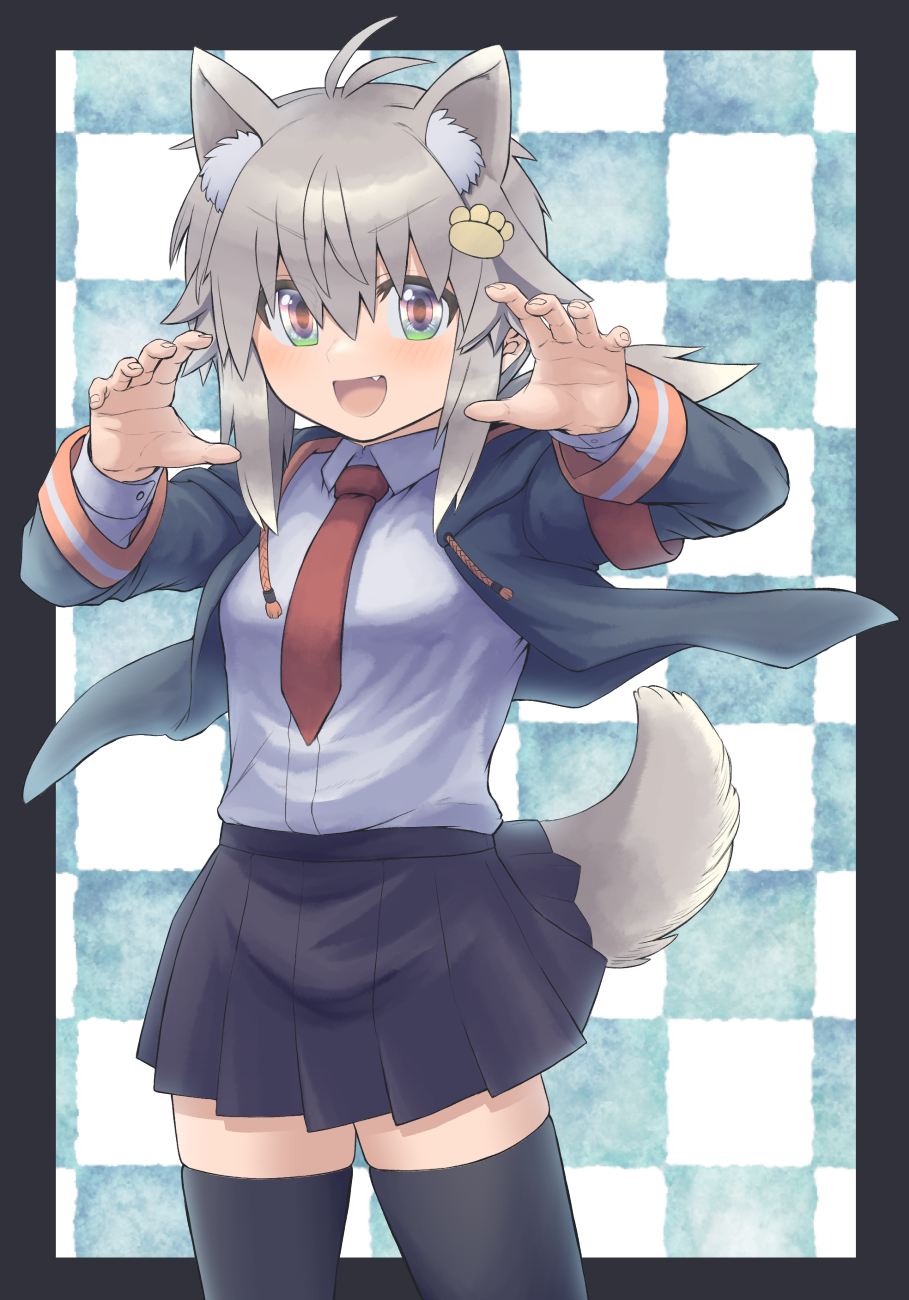 1girl animal_ear_fluff animal_ears antenna_hair black_border black_jacket black_skirt black_thighhighs border breasts checkered_background claw_pose collared_shirt commentary_request drawstring dress_shirt green_eyes grey_hair hair_between_eyes hands_up highres jacket kemonomimi_mode koshirae_tsurugi long_hair long_sleeves looking_at_viewer low_ponytail m.m necktie open_clothes open_jacket original paw_hair_ornament pleated_skirt ponytail red_necktie shirt sidelocks skirt small_breasts solo standing tail thigh-highs v-shaped_eyebrows white_shirt
