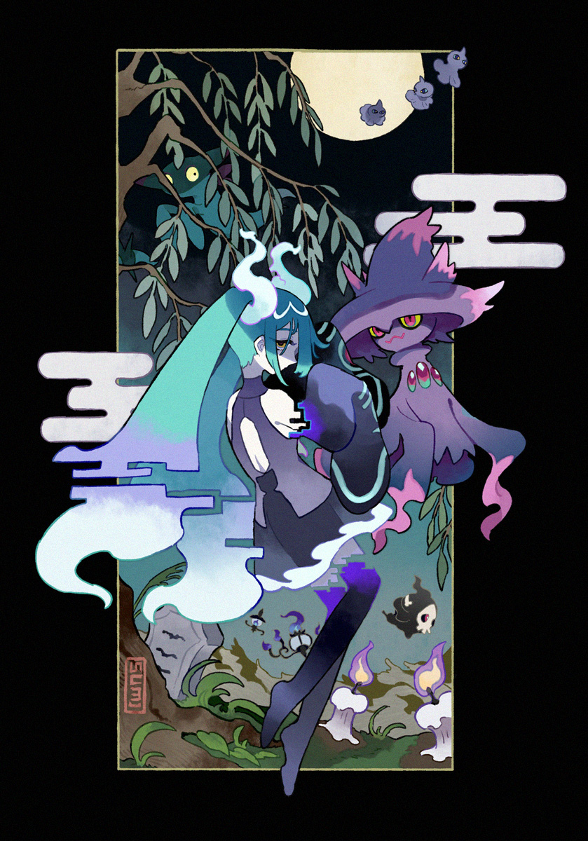 1girl aqua_hair back_cutout bare_shoulders black_thighhighs branch chandelure clothing_cutout commentary detached_arm detached_legs detached_sleeves dreepy duskull english_commentary fire floating full_body full_moon ghost_miku_(project_voltage) glitch grass grey_shirt hair_between_eyes hatsune_miku highres lampent leaf litwick long_hair looking_at_viewer looking_back mismagius moon outdoors pale_skin pokemon pokemon_(creature) project_voltage see-through see-through_skirt shirt shuppet signature skirt sleeves_past_fingers sleeves_past_wrists solo thigh-highs tombstone twintails very_long_hair vocaloid will-o'-the-wisp_(mythology) yellow_eyes yotsu_kado