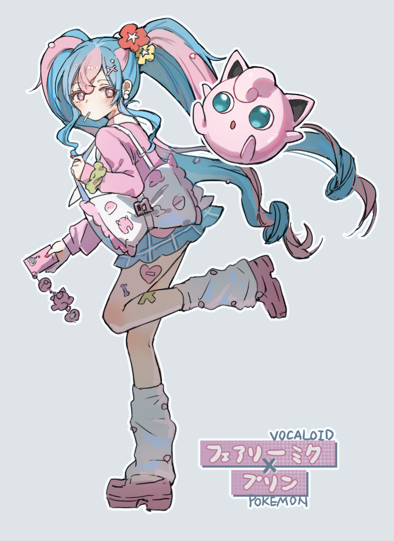 1girl blue_hair blue_skirt catzz character_name charm_(object) commentary_request copyright_name fairy_miku_(project_voltage) flower full_body grey_background hair_flower hair_ornament hatsune_miku holding holding_phone holding_strap jigglypuff long_hair long_sleeves looking_at_another loose_socks multicolored_hair nail_polish outline phone pink_footwear pink_hair pink_sweater pokemon pokemon_(creature) project_voltage red_flower red_nails scrunchie shoes simple_background skirt socks solo standing standing_on_one_leg sweater twintails two-tone_hair very_long_hair vocaloid white_bag white_outline white_socks x_hair_ornament yellow_flower