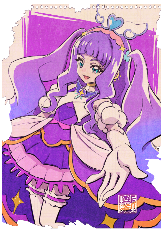 1girl aqua_eyes artist_logo commentary_request cure_majesty dress elbow_gloves ellee-chan eyelashes gloves graph_paper hair_ornament hairband happy hirogaru_sky!_precure kamikita_futago long_hair looking_at_viewer magical_girl paper_background precure purple_dress purple_hair signature simple_background smile solo standing thigh-highs thighs upper_body watercolor_background white_gloves white_thighhighs