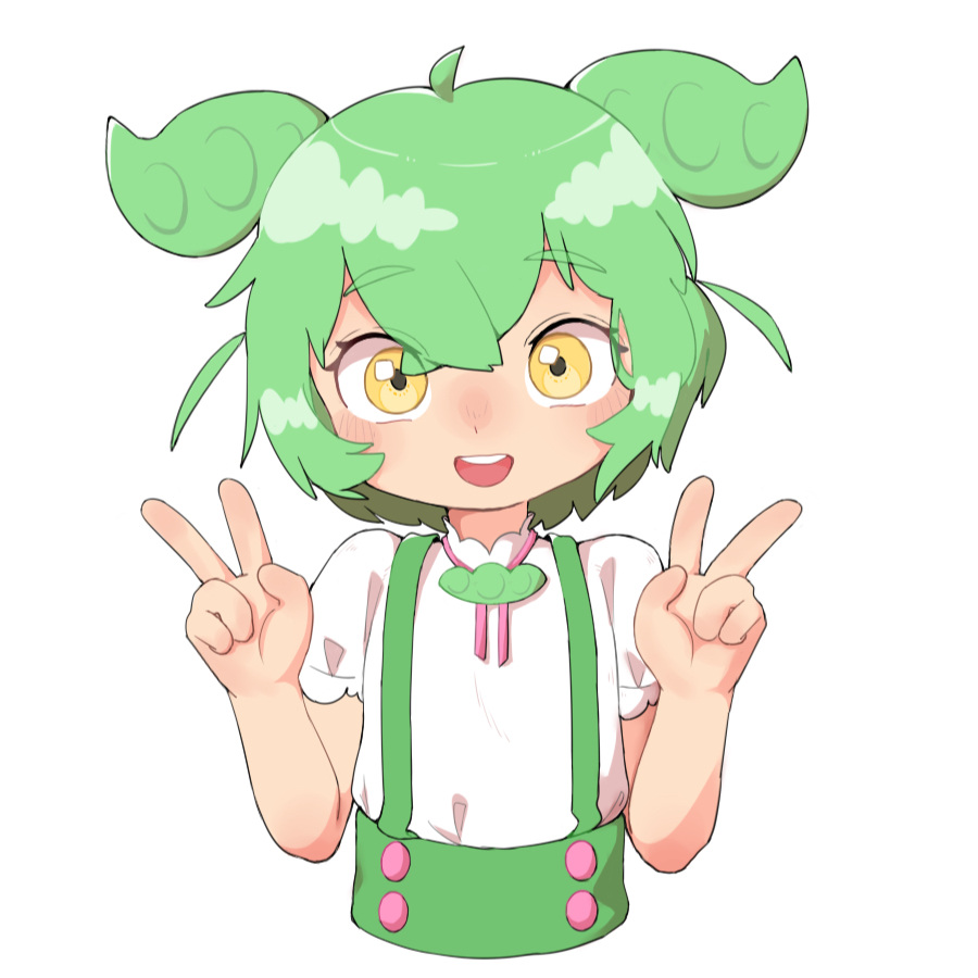 1girl :d ahoge blouse blush_stickers bolo_tie dot_nose double_v flat_chest green_hair green_suspenders hair_between_eyes looking_at_viewer open_mouth pea_pod shirt short_hair short_sleeves short_twintails shorts simple_background smile suspender_shorts suspenders teeth twintails upper_body upper_teeth_only v voicevox w_arms white_background white_shirt yellow_eyes zundamon