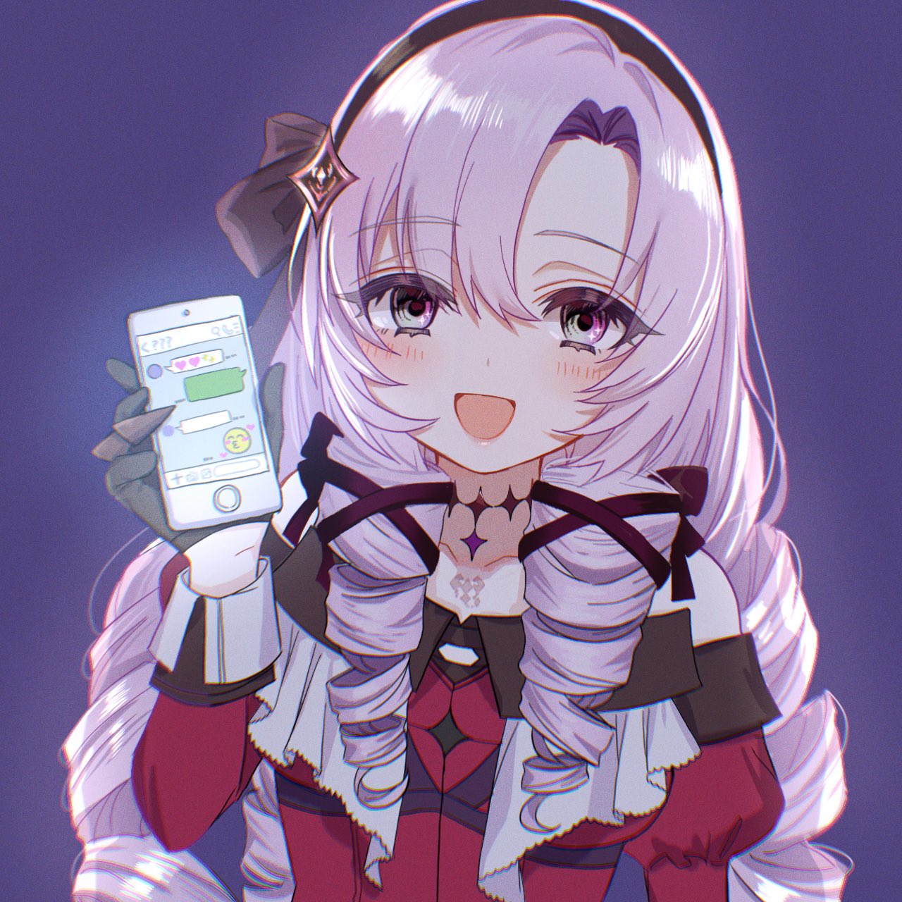 1girl :d bare_shoulders black_ribbon blue_background cellphone collarbone dress drill_hair gloves hair_ribbon highres holding holding_phone hyakumantenbara_salome hyakumantenbara_salome_(1st_costume) nijisanji open_mouth parted_bangs phone purple_hair quadruple_drills red_dress ribbon simple_background smartphone smile solo text_messaging violet_eyes virtual_youtuber yandere