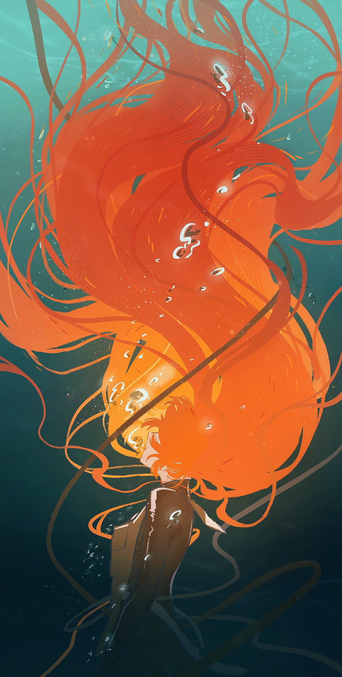 1girl air_bubble black_bodysuit bodysuit bubble diving_suit floating_hair highres ishmael_(limbus_company) limbus_company long_hair ocean orange_hair project_moon rope shiqicheng solo underwater very_long_hair vest water