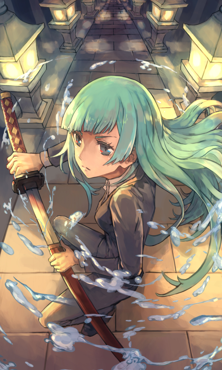 1girl battoujutsu_stance black_jacket black_suit blue_eyes blue_hair breasts collared_shirt fighting_stance frown highres holding holding_sword holding_weapon ico6 jacket jujutsu_kaisen jujutsu_tech_uniform katana light_blue_hair long_hair long_sleeves looking_at_viewer magic miwa_kasumi pant_suit pants ready_to_draw scabbard sheath shirt solo suit sword weapon