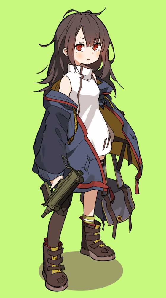 1girl amonitto asymmetrical_legwear bag black_footwear black_hair black_thighhighs blue_jacket blush boots c-ms_(girls'_frontline) cbj-ms closed_mouth commentary_request dress full_body girls_frontline green_background green_socks grey_bag gun hair_between_eyes holding holding_bag holding_gun holding_weapon jacket knee_pads long_hair long_sleeves looking_at_viewer messy_hair mole mole_under_eye off_shoulder open_clothes open_jacket red_eyes serious simple_background single_sock single_thighhigh sleeveless sleeveless_dress socks solo standing submachine_gun thigh-highs thigh_strap trigger_discipline uneven_legwear weapon white_dress