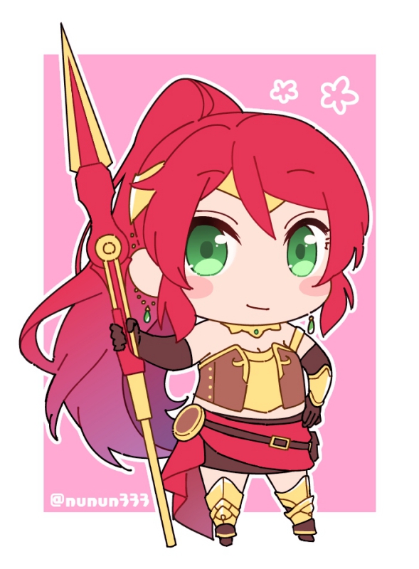 1girl armlet black_gloves buckler chibi circlet diadem elbow_gloves forehead_protector gloves gorget green_eyes hand_on_own_hip high_ponytail holding holding_weapon javelin_(spear) leg_armor long_hair looking_at_viewer milo_and_akouo nunun pink_background ponytail pyrrha_nikos redhead rwby shield sidelocks solo standing twitter_username weapon white_background