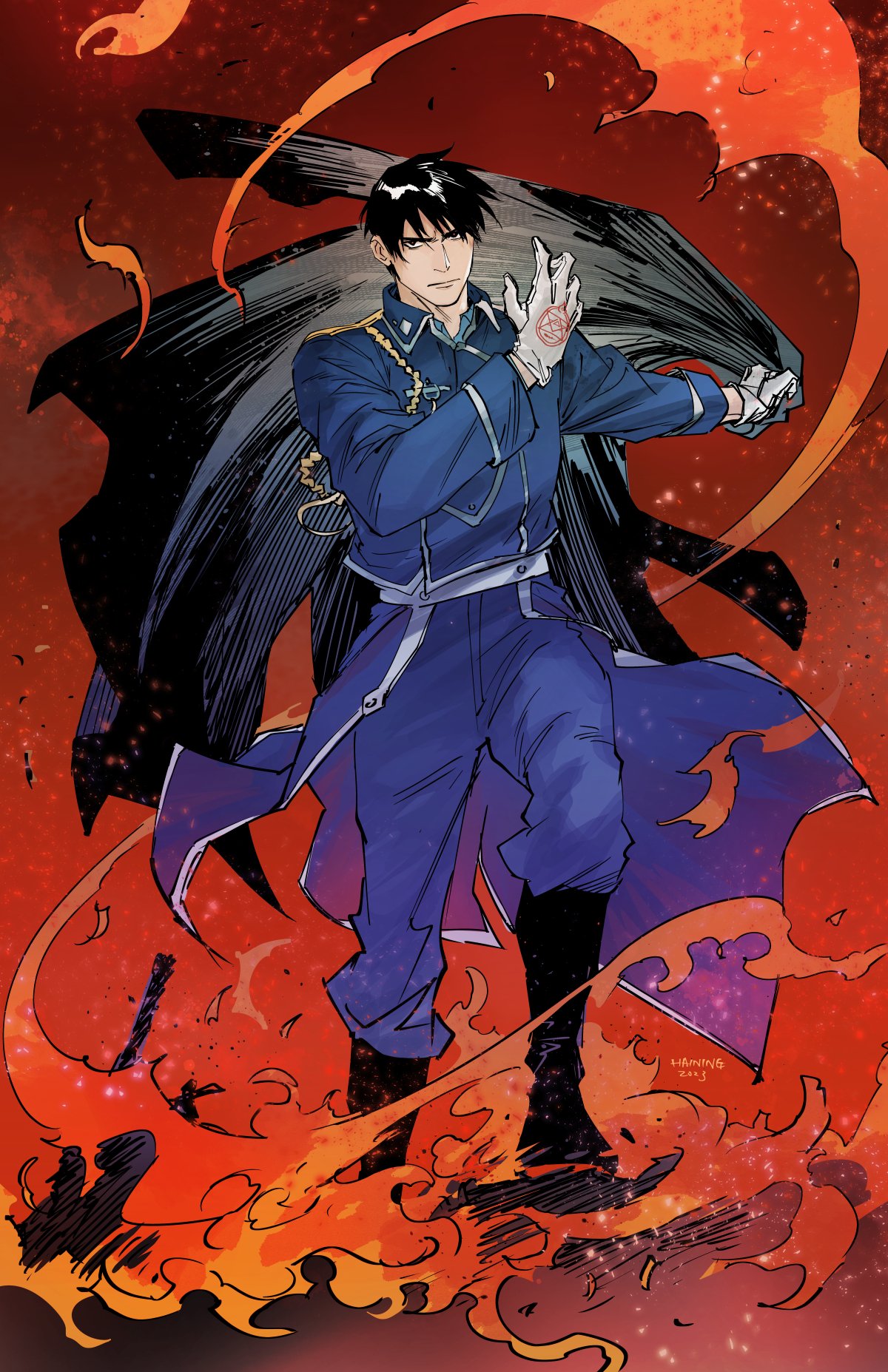 1boy 2023 aiguillette amestris_military_uniform artist_name ashes black_coat black_eyes black_footwear black_hair blue_cape blue_jacket blue_pants boots buttons cape closed_mouth coat coat_removed collared_jacket dark_background double-breasted embers facing_viewer fire frown full_body fullmetal_alchemist gloves gradient_background haining hand_up highres holding holding_clothes holding_coat jacket knee_boots knee_up magic_circle male_focus military military_jacket military_uniform outstretched_arm pants red_background roy_mustang rubber_boots serious sideways_glance silver_trim simple_background speed_lines standing uniform waist_cape white_gloves