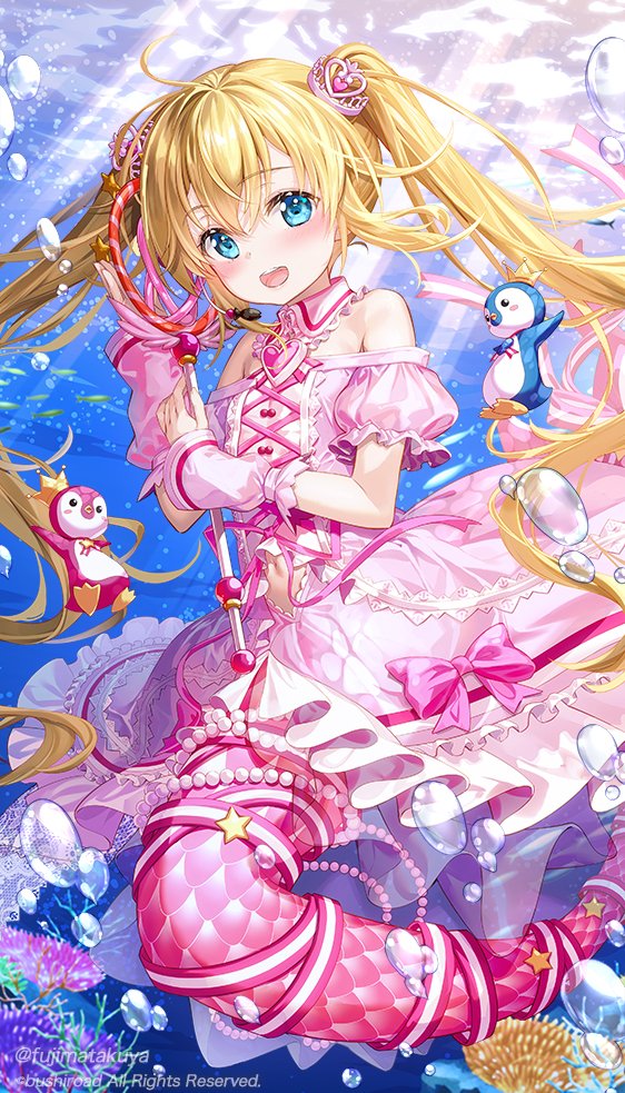 1girl air_bubble aqua_eyes bare_shoulders bird blonde_hair blush bow brooch bubble bushiroad cardfight!!_vanguard character_request coral dress fujima_takuya hair_ornament heart heart_brooch heart_hair_ornament holding holding_staff jewelry looking_at_viewer mermaid monster_girl penguin pink_bow pink_dress pink_ribbon ribbon smile staff twintails twitter_username underwater