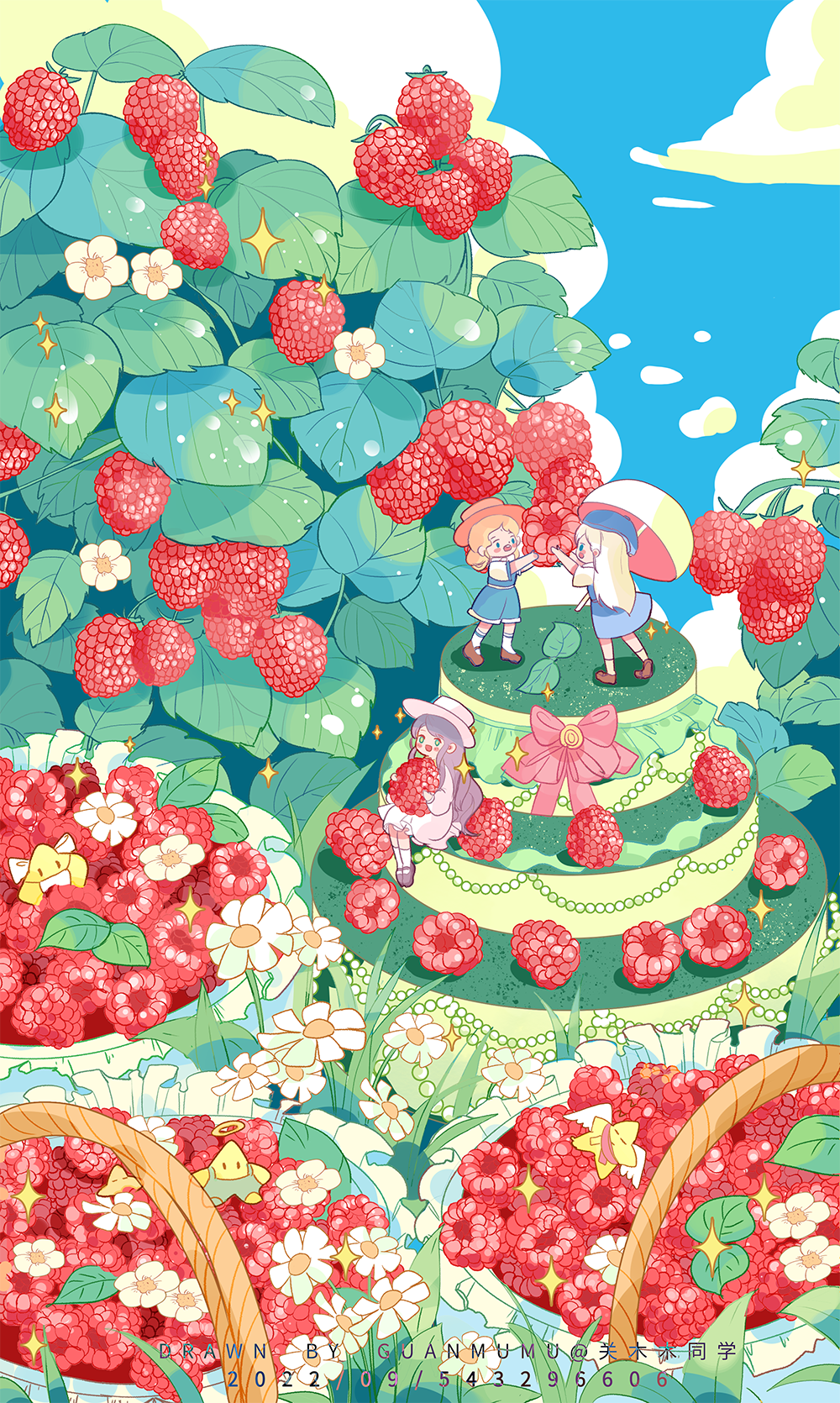 3girls artist_name basket beret blonde_hair blue_dress blue_eyes blue_headwear blue_shorts blue_sky blue_vest blush_stickers brown_footwear brown_hair cake carrying clouds creature dated day dew_drop dress english_text field flower flower_field food fruit grass green_eyes guanmumu hat highres holding holding_food holding_fruit holding_umbrella kneehighs leaf long_hair long_sleeves low_twintails mary_janes mini_person minigirl multiple_girls open_mouth orange_headwear original outdoors oversized_object pink_dress pink_headwear puffy_long_sleeves puffy_sleeves purple_footwear raspberry shirt shoes short_dress short_sleeves shorts sitting sky sleeveless sleeveless_dress smile socks solid_oval_eyes sparkle star_(symbol) straight_hair teeth twintails umbrella upper_teeth_only vest water_drop watermark white_flower white_shirt white_socks white_trim