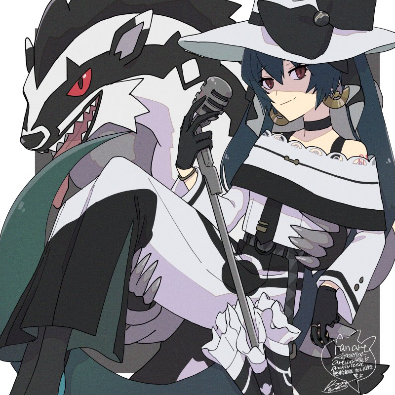 1girl belt black_choker black_gloves bracelet carrying choker claws closed_mouth commentary_request crossover dark_miku_(project_voltage) earrings eyelashes gloves green_hair hat holding holding_microphone jewelry long_hair long_sleeves microphone obstagoon off_shoulder pokemon pokemon_(creature) project_voltage red_eyes sagemaru-br signature smile split_mouth sun_hat vocaloid white_background