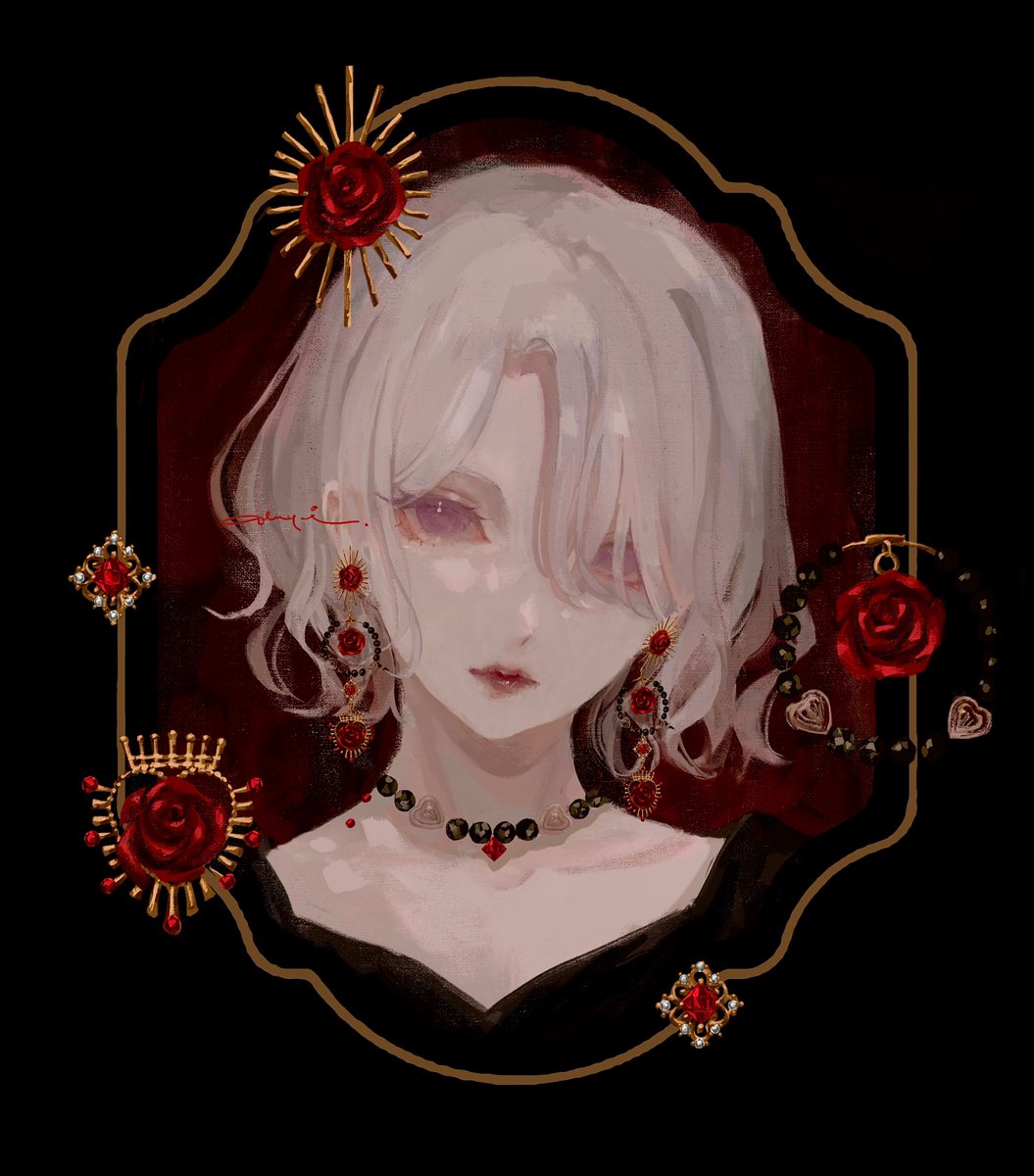 1girl bead_necklace beads blonde_hair commentary earrings flower grey_hair highres jewelry looking_at_viewer necklace original qluyi red_flower red_lips red_rose rose short_hair solo symbol-only_commentary violet_eyes