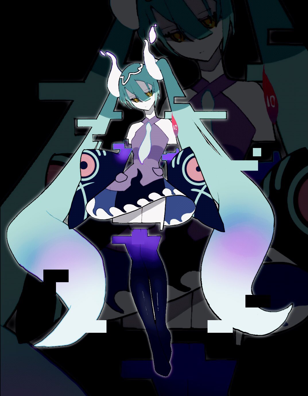 1girl aqua_hair bare_shoulders black_sleeves black_thighhighs closed_mouth commentary_request detached_arm detached_legs detached_sleeves expressionless full_body ghost_miku_(project_voltage) glitch gradient_hair grey_shirt hair_between_eyes hatsune_miku highres long_hair looking_at_viewer multicolored_hair necktie pale_skin pokemon print_sleeves project_voltage see-through see-through_skirt shirt skirt sleeves_past_fingers sleeves_past_wrists solo thigh-highs twintails very_long_hair vocaloid wara_wa03 white_hair white_necktie will-o'-the-wisp_(mythology) yellow_eyes zoom_layer