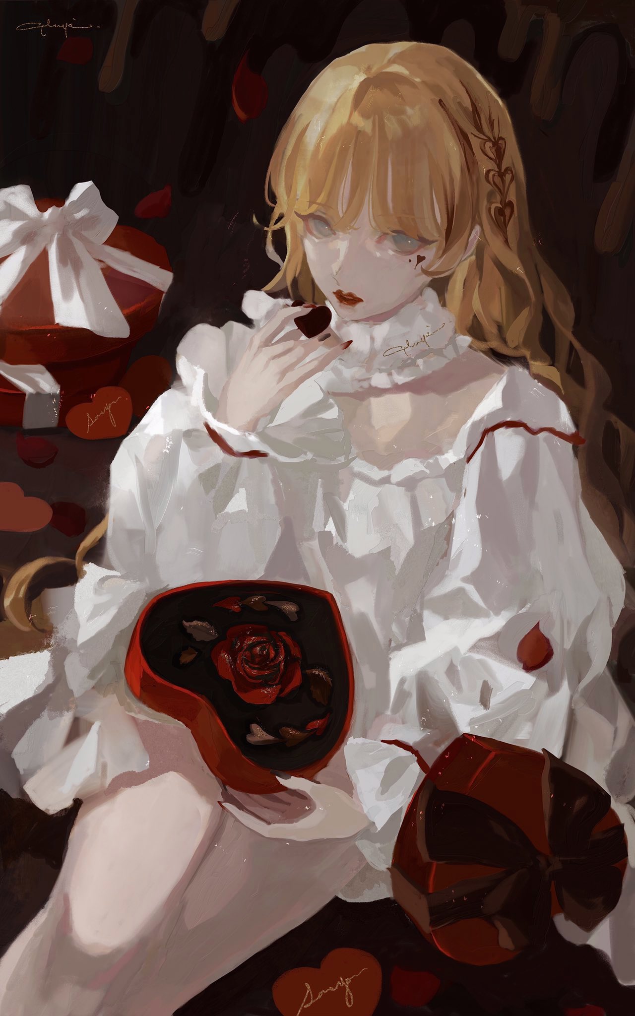 1girl blonde_hair blue_eyes box candy chocolate dress facial_mark flower food heart heart-shaped_box heart-shaped_chocolate heart_facial_mark highres long_hair looking_at_viewer original petals qluyi red_flower red_lips red_nails red_rose rose solo white_dress