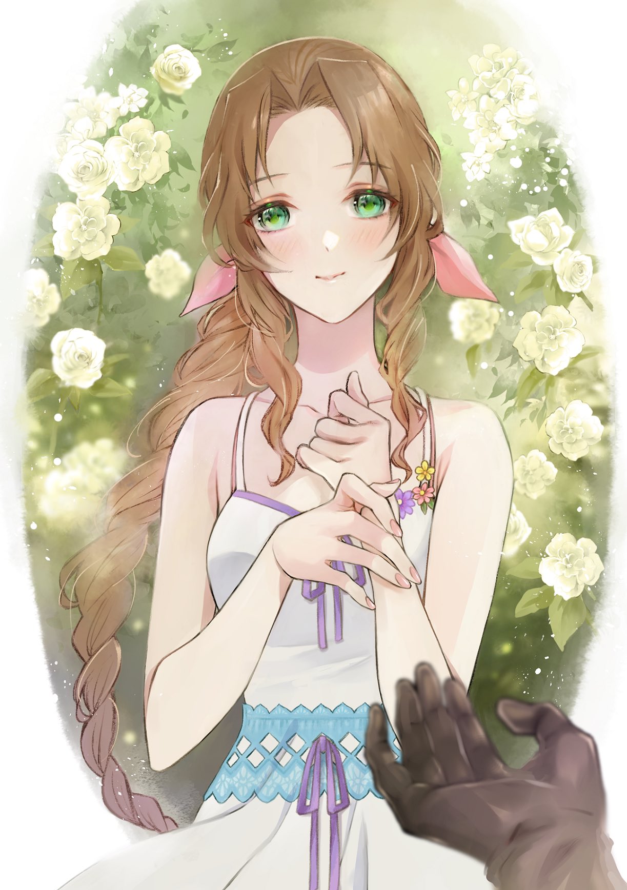 1boy 1girl aerith_gainsborough bare_shoulders black_gloves blush braid braided_ponytail breasts closed_mouth collarbone commentary_request crisis_core_final_fantasy_vii dress final_fantasy final_fantasy_vii flower gloves green_eyes hair_ribbon highres light_particles long_hair looking_at_viewer out_of_frame parted_bangs pink_nails pink_ribbon pov quichi_91 ribbon sidelocks sleeveless sleeveless_dress small_breasts smile spaghetti_strap upper_body zack_fair