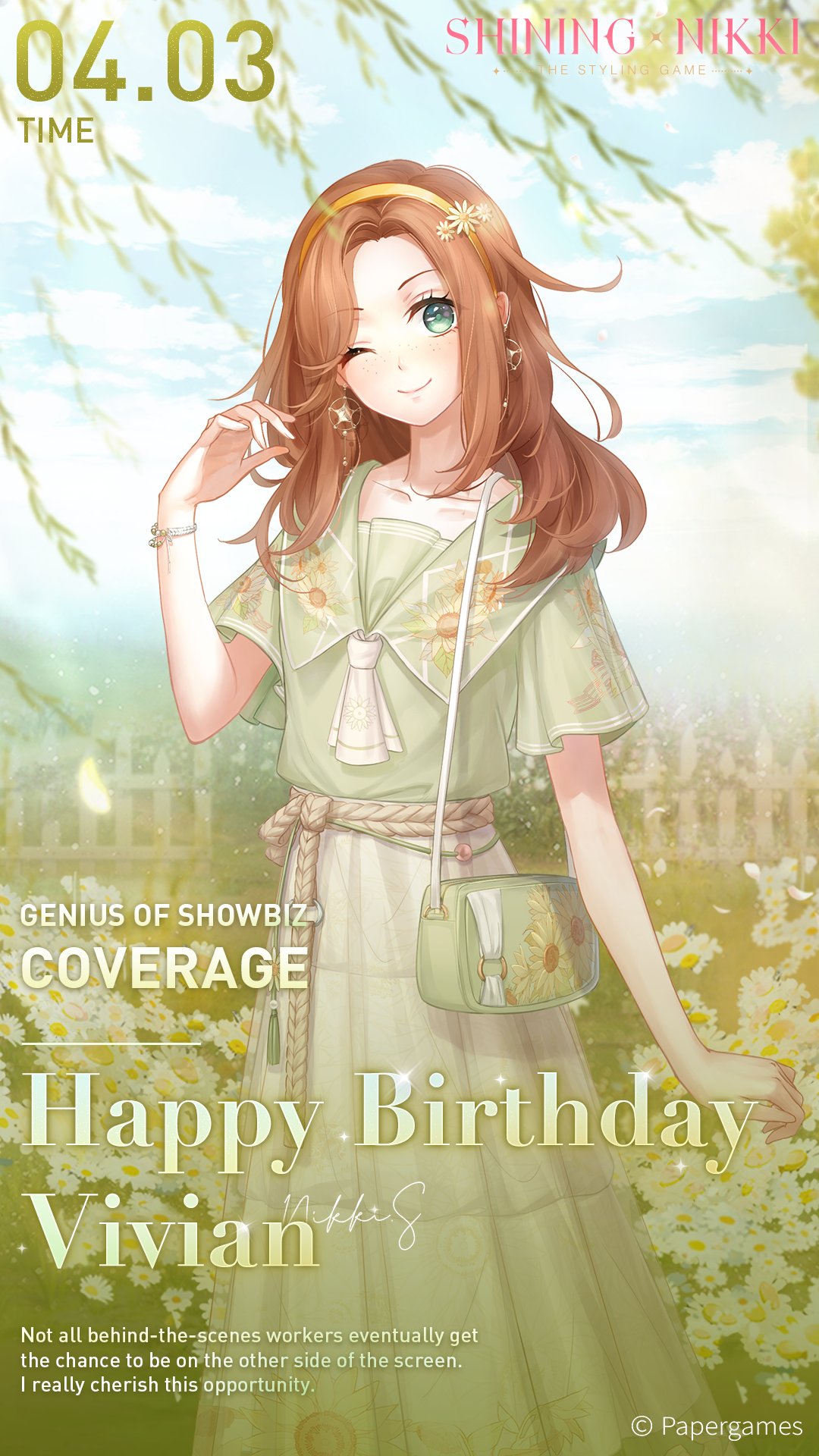 &gt;_o 1girl bag bracelet breasts brown_hair clouds collarbone copyright_name dated_commentary day dress earrings english_commentary english_text flower freckles green_dress green_eyes hair_flower hair_ornament happy_birthday highres holding holding_bag jewelry official_art one_eye_closed outdoors shining_nikki small_breasts solo sunlight timestamp