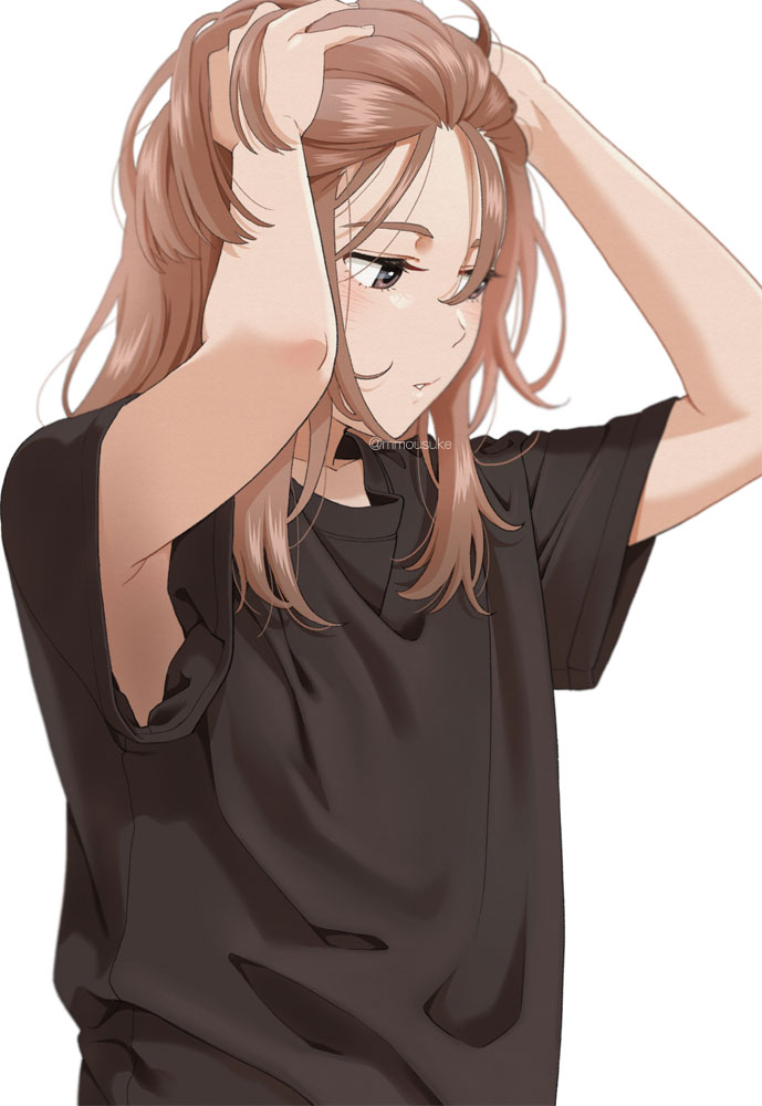 1girl armpit_peek arms_up black_shirt blush brown_eyes brown_hair hands_on_own_head long_hair mattaku_mousuke original parted_lips shirt short_sleeves simple_background solo thick_eyebrows twitter_username upper_body watermark white_background
