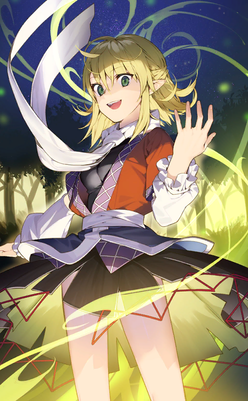 argyle black_dress blonde_hair brown_shirt clothes_lift dress dress_lift eyelashes floating_scarf forest frilled_arm_wamers game_cg glowing green_eyes kitada_mo looking_at_viewer loose_hair_strand mizuhashi_parsee nature official_art open_clothes open_mouth open_shirt outdoors outstretched_arm pointy_ears purple_trim sash scarf shirt short_dress short_hair short_sleeves smile teeth touhou touhou_cannonball undershirt upper_teeth_only white_arm_warmers white_sash white_scarf