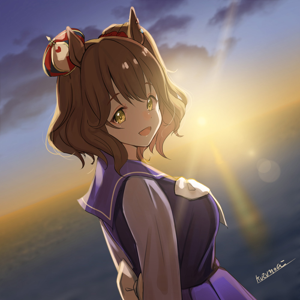 1girl :d animal_ears aston_machan_(umamusume) blue_shirt blue_sky blurry blurry_background blush bow breasts brown_eyes brown_hair clouds crown day depth_of_field dutch_angle from_side heart horizon horse_ears kuzumochi_(kuzumochiya) looking_at_viewer looking_to_the_side medium_breasts mini_crown ocean one_side_up outdoors pleated_skirt purple_skirt shirt signature skirt sky smile solo sunset tilted_headwear umamusume white_bow